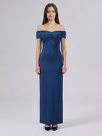 Navy Blue Matte Satin Column Off-the-Shoulder Floor-Length Bridesmaid Dress - Curvevia