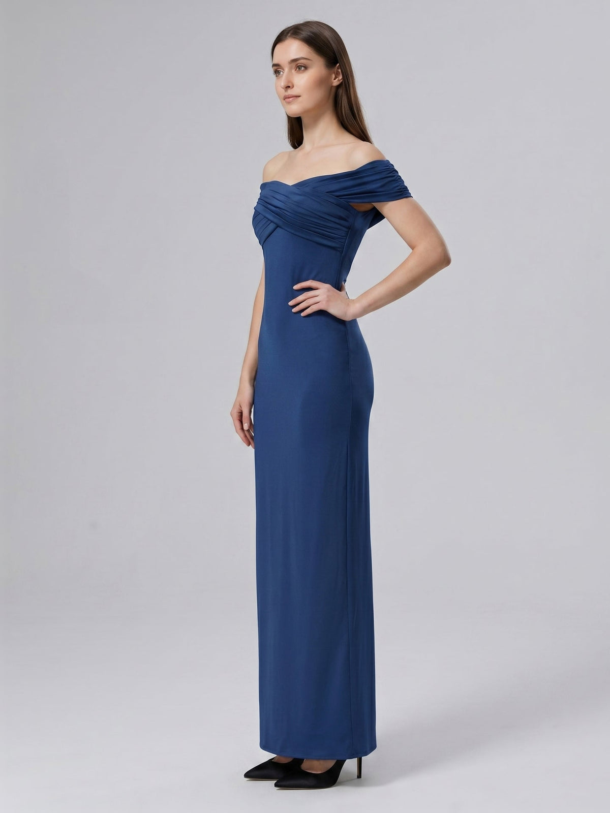 Navy Blue Matte Satin Column Off-the-Shoulder Floor-Length Bridesmaid Dress - Curvevia