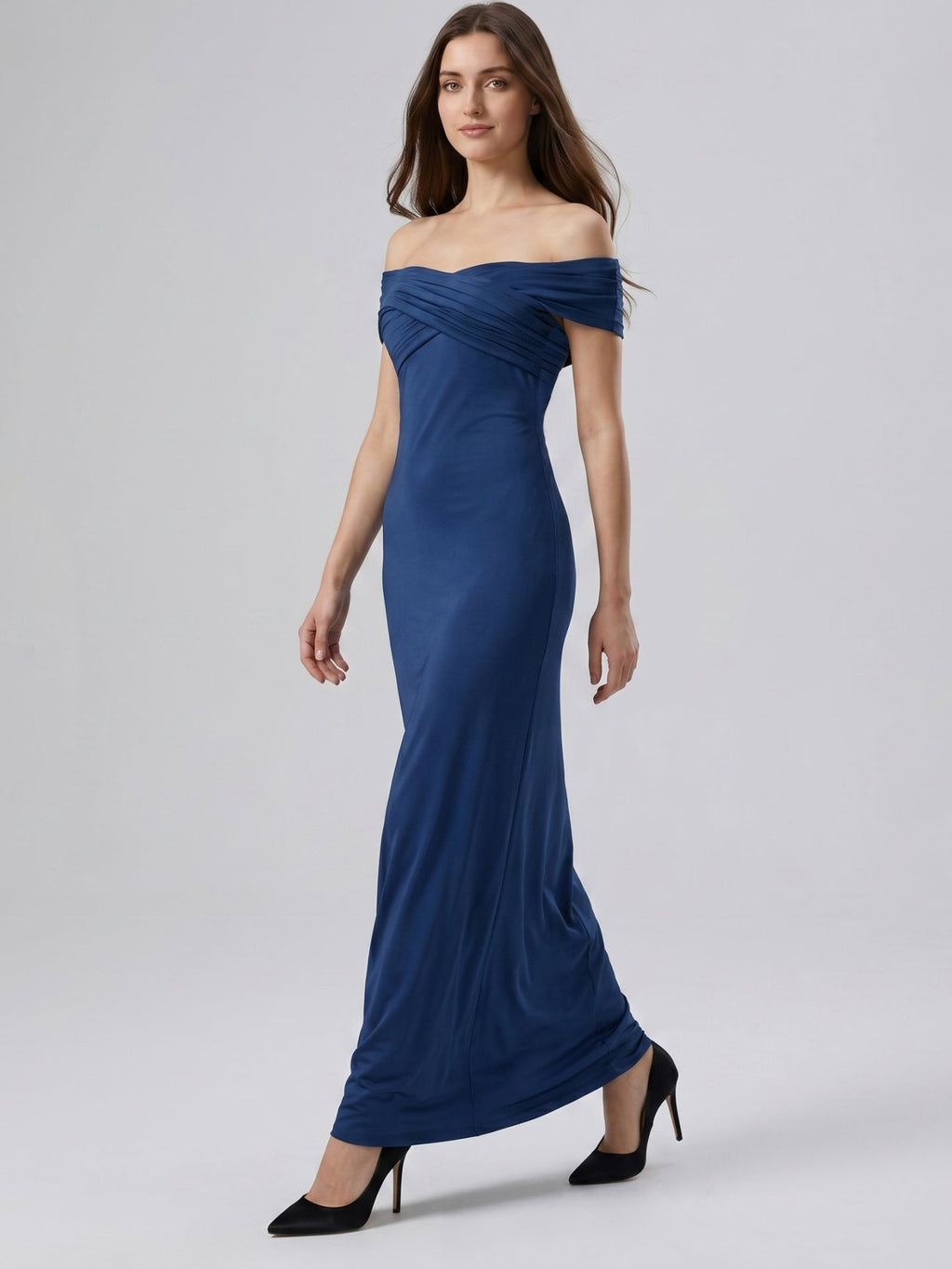Navy Blue Matte Satin Column Off-the-Shoulder Floor-Length Bridesmaid Dress - Curvevia