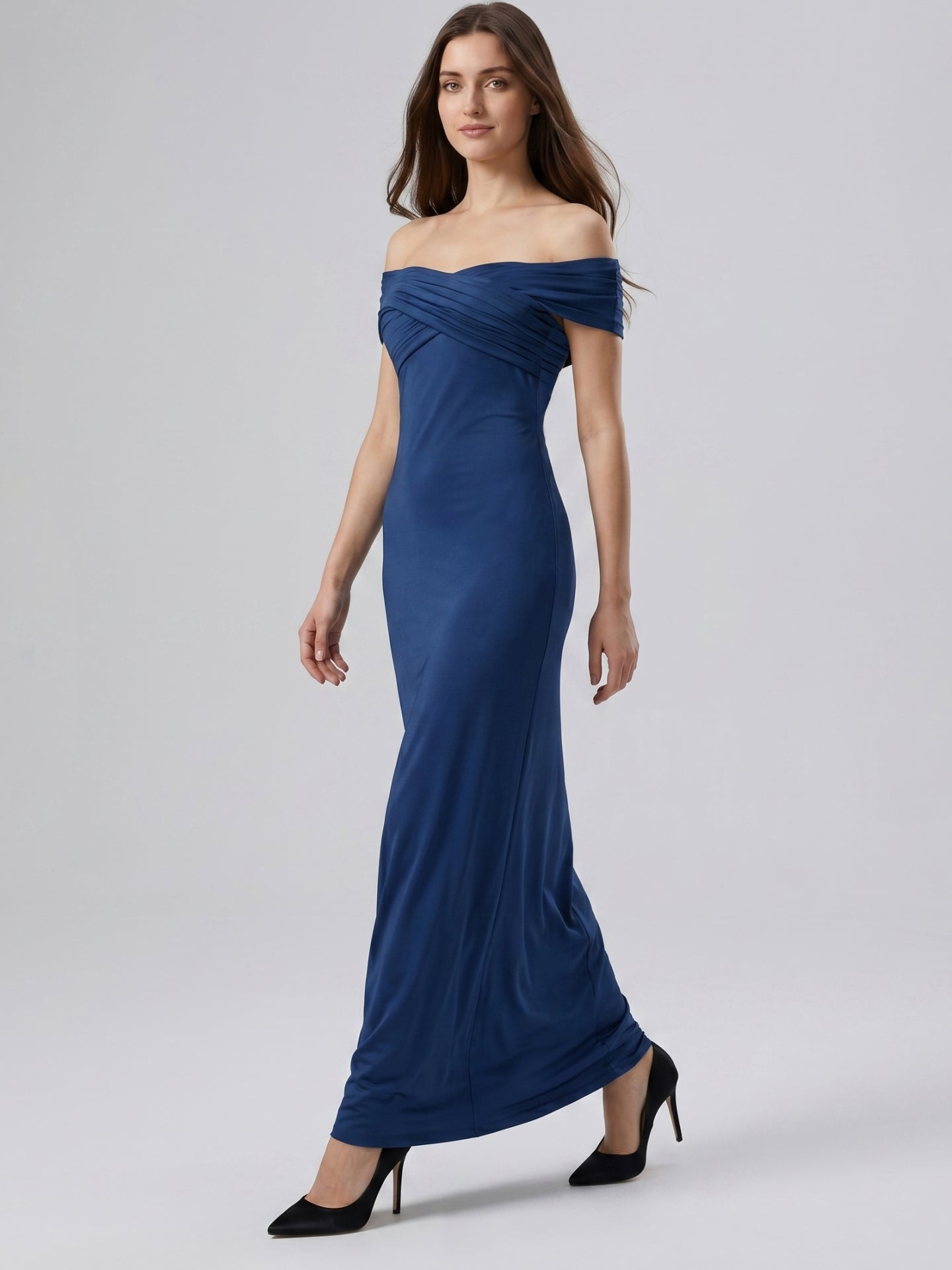 Navy Blue Matte Satin Column Off-the-Shoulder Floor-Length Bridesmaid Dress - Curvevia