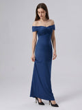 Navy Blue Matte Satin Column Off-the-Shoulder Floor-Length Bridesmaid Dress - Curvevia