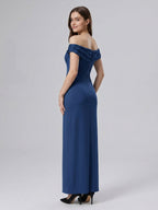 Navy Blue Matte Satin Column Off-the-Shoulder Floor-Length Bridesmaid Dress - Curvevia