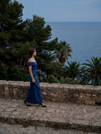 Navy Blue Matte Satin Column Off-the-Shoulder Floor-Length Bridesmaid Dress - Curvevia