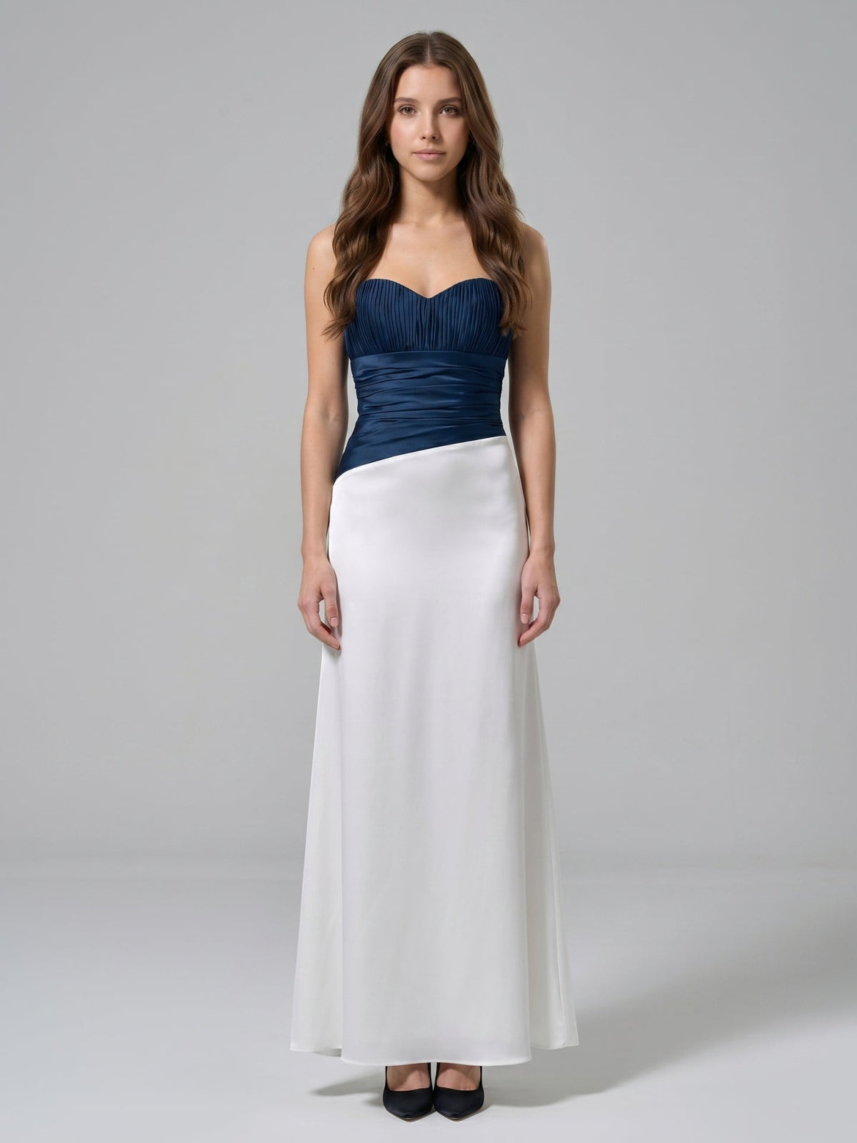 Navy Blue Matte Satin Column Straight Neck Back Zip Floor-Length Bridesmaid Dress - Curvevia