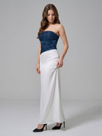 Navy Blue Matte Satin Column Straight Neck Back Zip Floor-Length Bridesmaid Dress - Curvevia