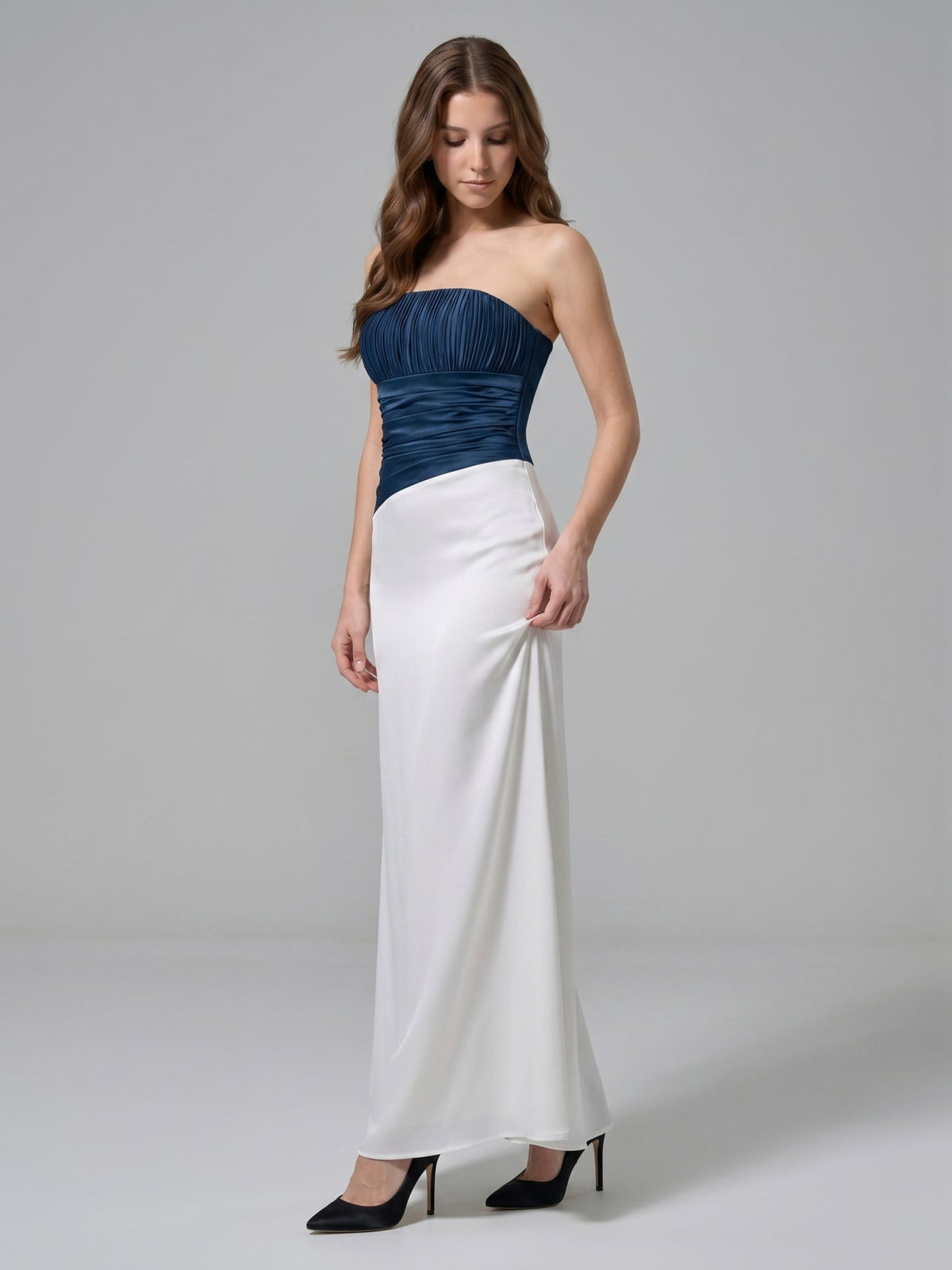 Navy Blue Matte Satin Column Straight Neck Back Zip Floor-Length Bridesmaid Dress - Curvevia