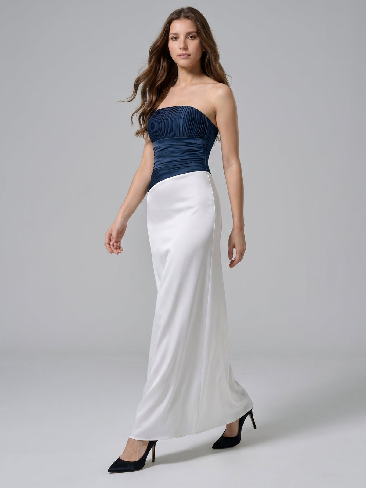 Navy Blue Matte Satin Column Straight Neck Back Zip Floor-Length Bridesmaid Dress - Curvevia