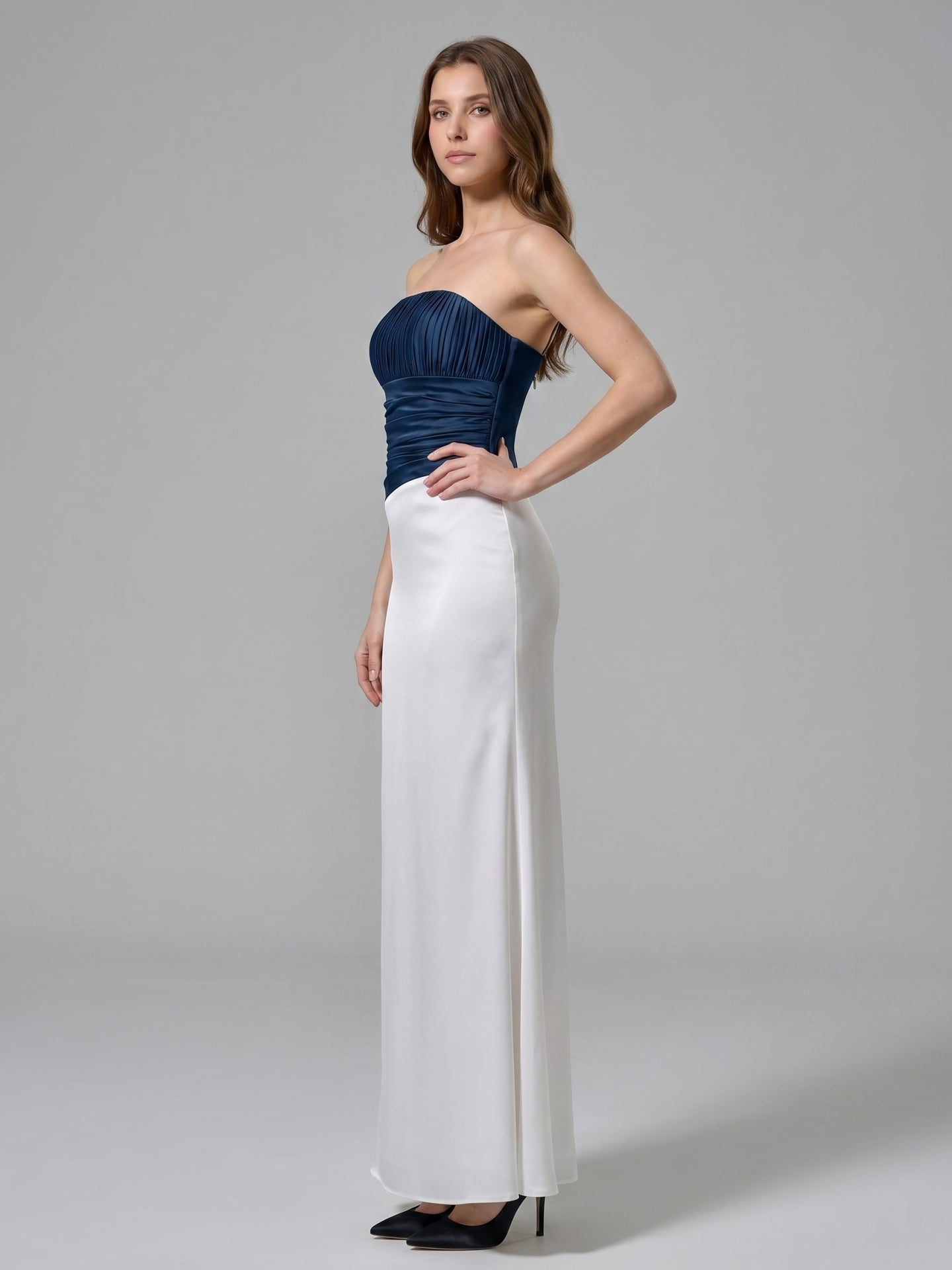 Navy Blue Matte Satin Column Straight Neck Back Zip Floor-Length Bridesmaid Dress - Curvevia