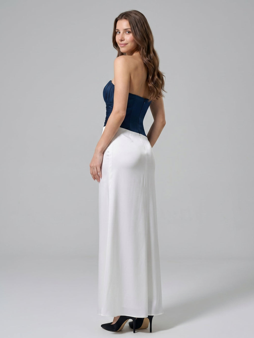 Navy Blue Matte Satin Column Straight Neck Back Zip Floor-Length Bridesmaid Dress - Curvevia