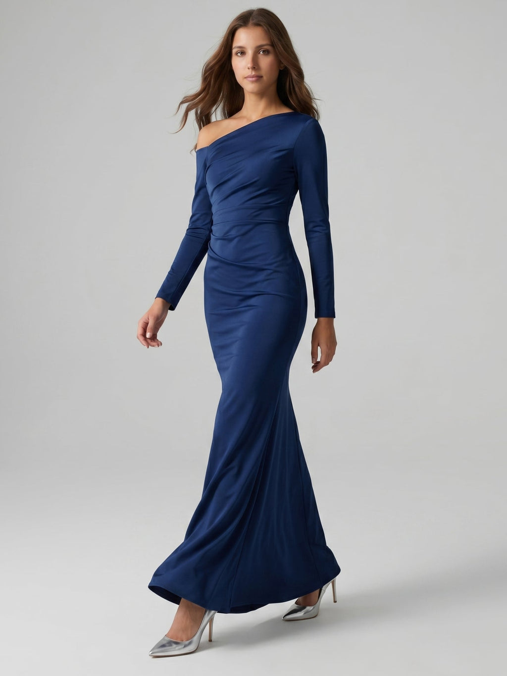 Navy Blue Matte Satin Mermaid One Shoulder Back Zip Floor-Length Bridesmaid Dress - Curvevia