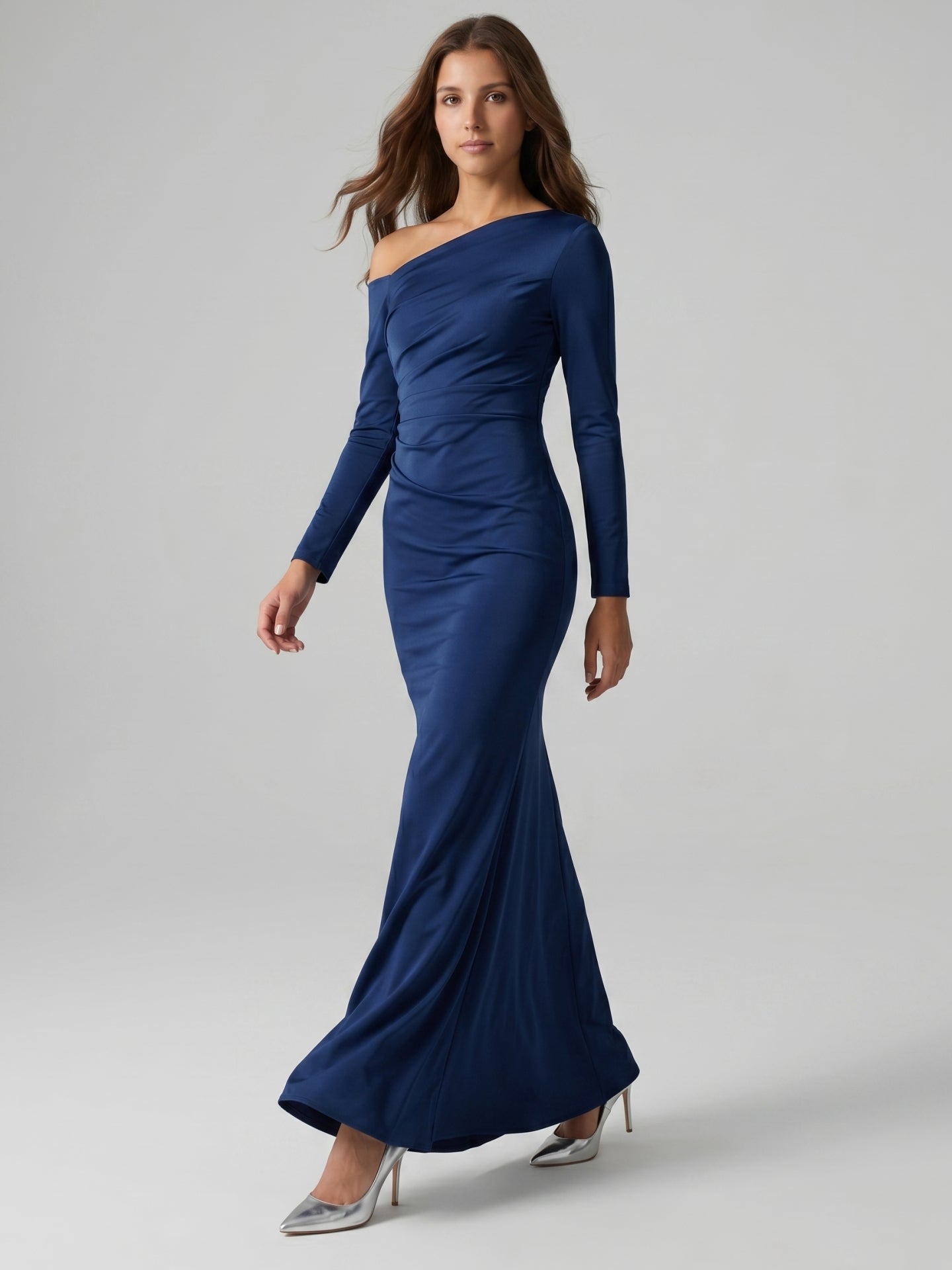 Navy Blue Matte Satin Mermaid One Shoulder Back Zip Floor-Length Bridesmaid Dress - Curvevia
