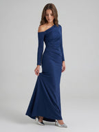 Navy Blue Matte Satin Mermaid One Shoulder Back Zip Floor-Length Bridesmaid Dress - Curvevia
