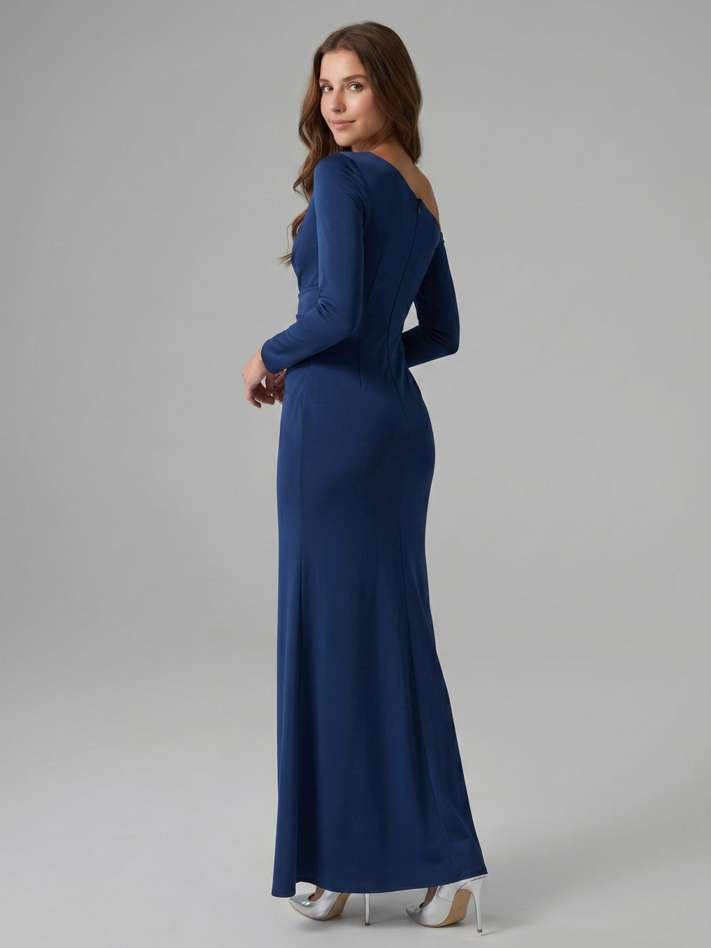 Navy Blue Matte Satin Mermaid One Shoulder Back Zip Floor-Length Bridesmaid Dress - Curvevia