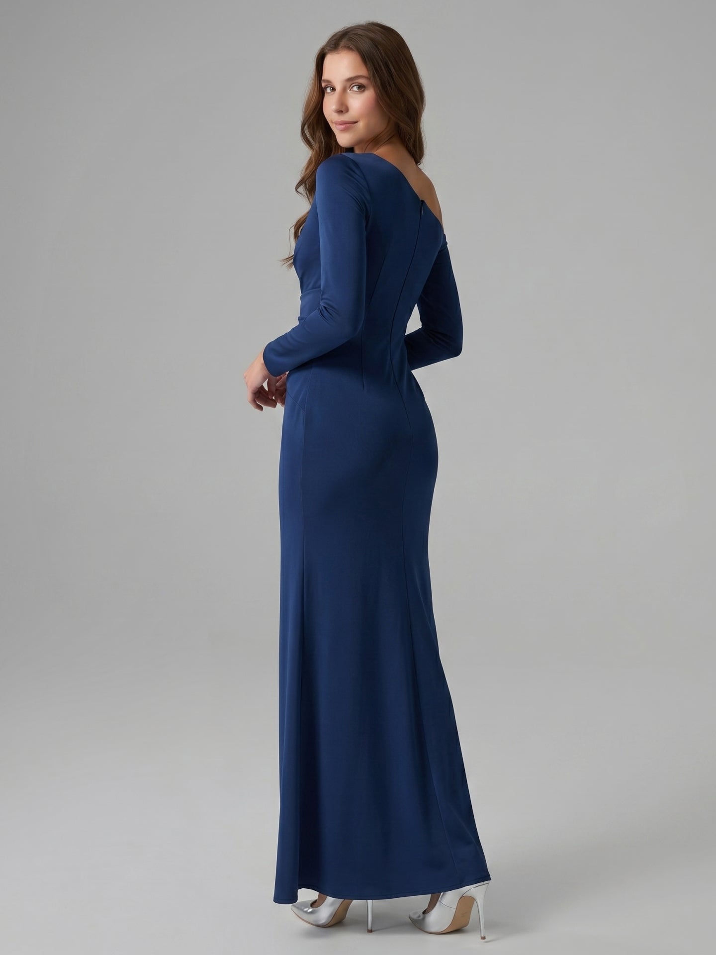 Navy Blue Matte Satin Mermaid One Shoulder Back Zip Floor-Length Bridesmaid Dress - Curvevia