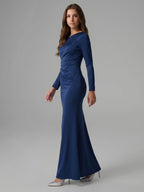Navy Blue Matte Satin Mermaid One Shoulder Back Zip Floor-Length Bridesmaid Dress - Curvevia