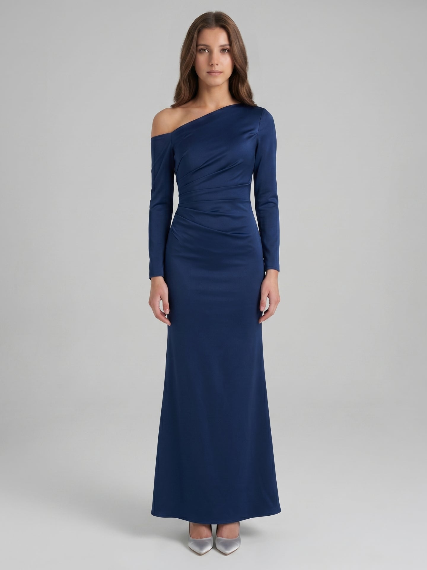 Navy Blue Matte Satin Mermaid One Shoulder Back Zip Floor-Length Bridesmaid Dress - Curvevia