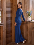 Navy Blue Matte Satin Mermaid One Shoulder Back Zip Floor-Length Bridesmaid Dress - Curvevia