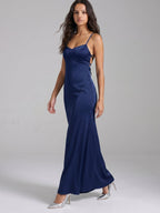 Navy Blue Matte Satin Mermaid V-Neck Backless Floor-Length Bridesmaid Dress - Curvevia