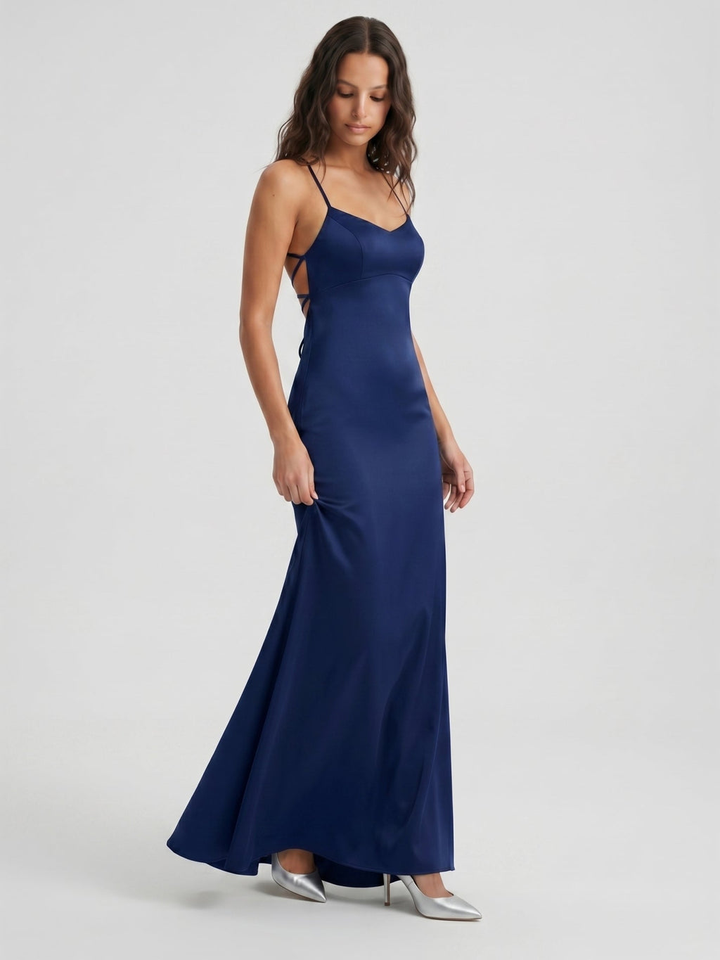 Navy Blue Matte Satin Mermaid V-Neck Backless Floor-Length Bridesmaid Dress - Curvevia