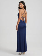 Navy Blue Matte Satin Mermaid V-Neck Backless Floor-Length Bridesmaid Dress - Curvevia
