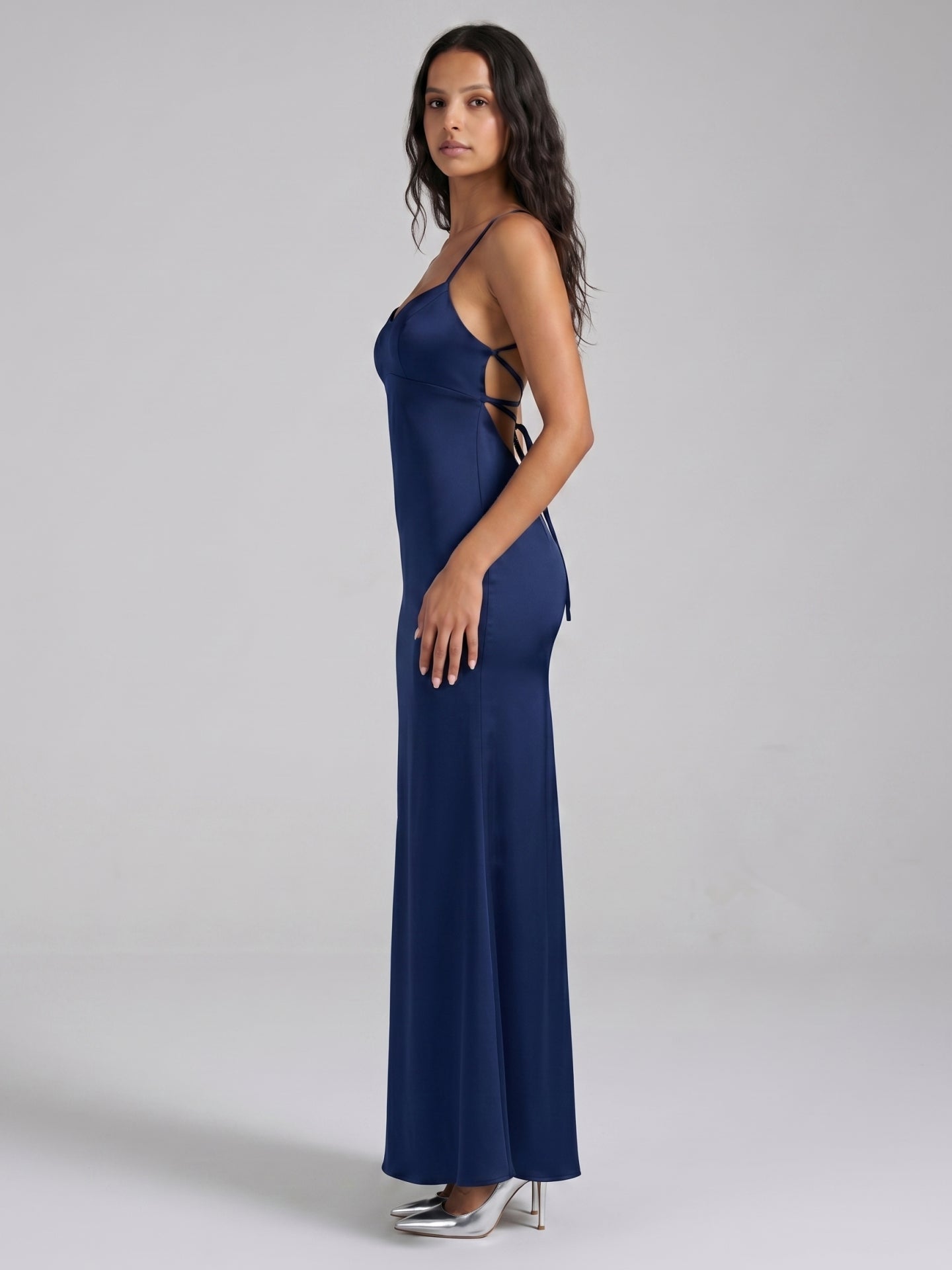 Navy Blue Matte Satin Mermaid V-Neck Backless Floor-Length Bridesmaid Dress - Curvevia