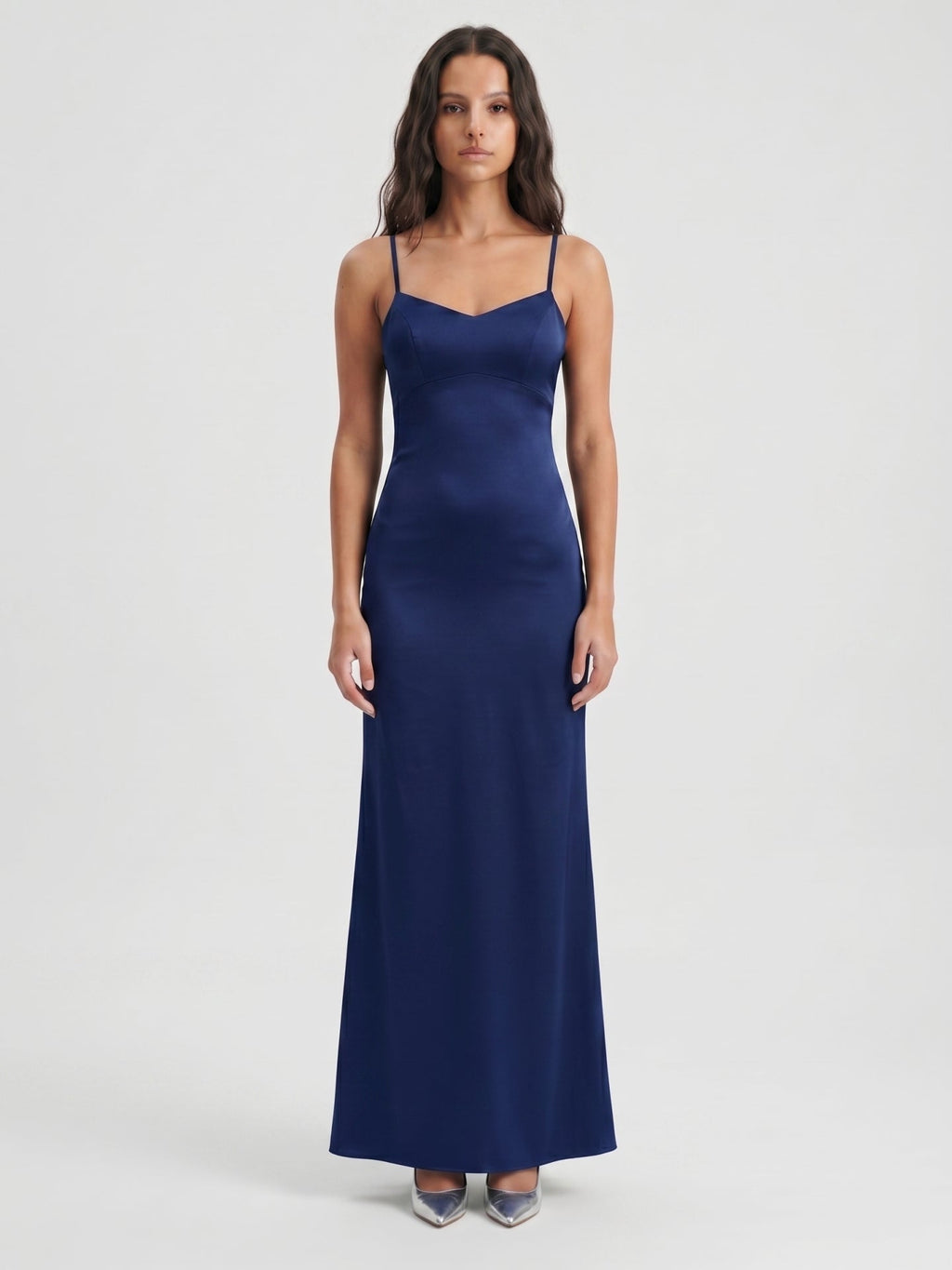 Navy Blue Matte Satin Mermaid V-Neck Backless Floor-Length Bridesmaid Dress - Curvevia