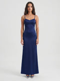 Navy Blue Matte Satin Mermaid V-Neck Backless Floor-Length Bridesmaid Dress - Curvevia