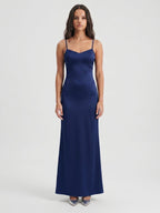 Navy Blue Matte Satin Mermaid V-Neck Backless Floor-Length Bridesmaid Dress - Curvevia