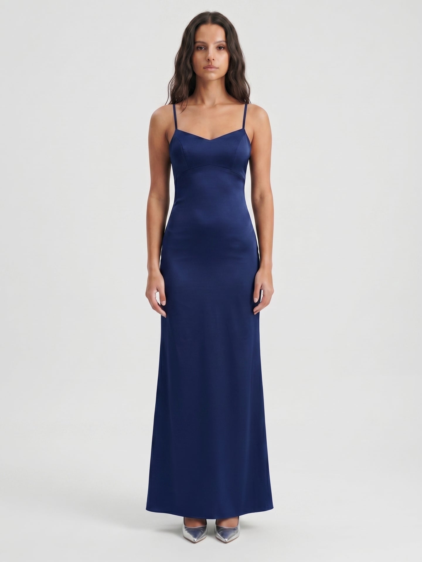Navy Blue Matte Satin Mermaid V-Neck Backless Floor-Length Bridesmaid Dress - Curvevia