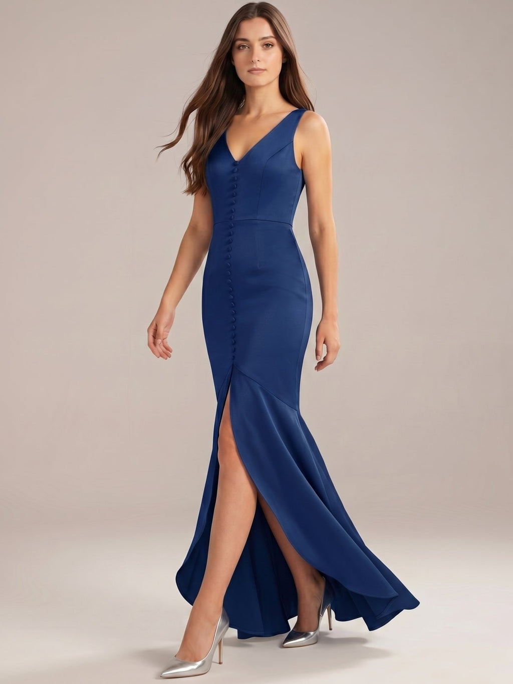 Navy Blue Matte Satin Mermaid V-Neck V-Back Floor-Length Bridesmaid Dress - Curvevia