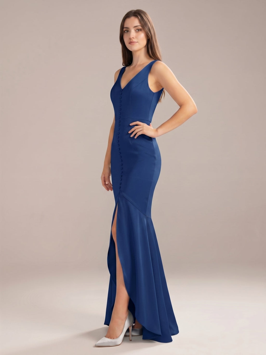 Navy Blue Matte Satin Mermaid V-Neck V-Back Floor-Length Bridesmaid Dress - Curvevia