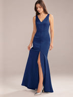 Navy Blue Matte Satin Mermaid V-Neck V-Back Floor-Length Bridesmaid Dress - Curvevia