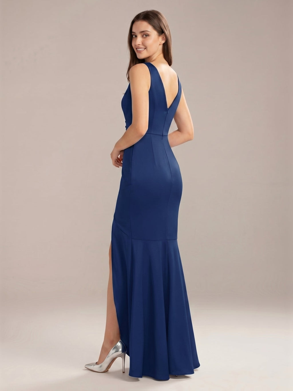 Navy Blue Matte Satin Mermaid V-Neck V-Back Floor-Length Bridesmaid Dress - Curvevia
