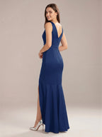 Navy Blue Matte Satin Mermaid V-Neck V-Back Floor-Length Bridesmaid Dress - Curvevia