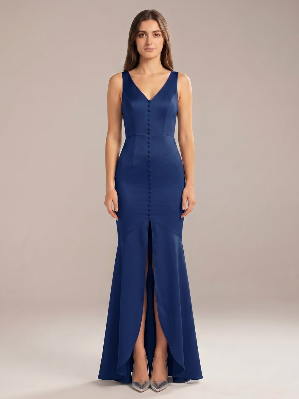Navy Blue Matte Satin Mermaid V-Neck V-Back Floor-Length Bridesmaid Dress - Curvevia