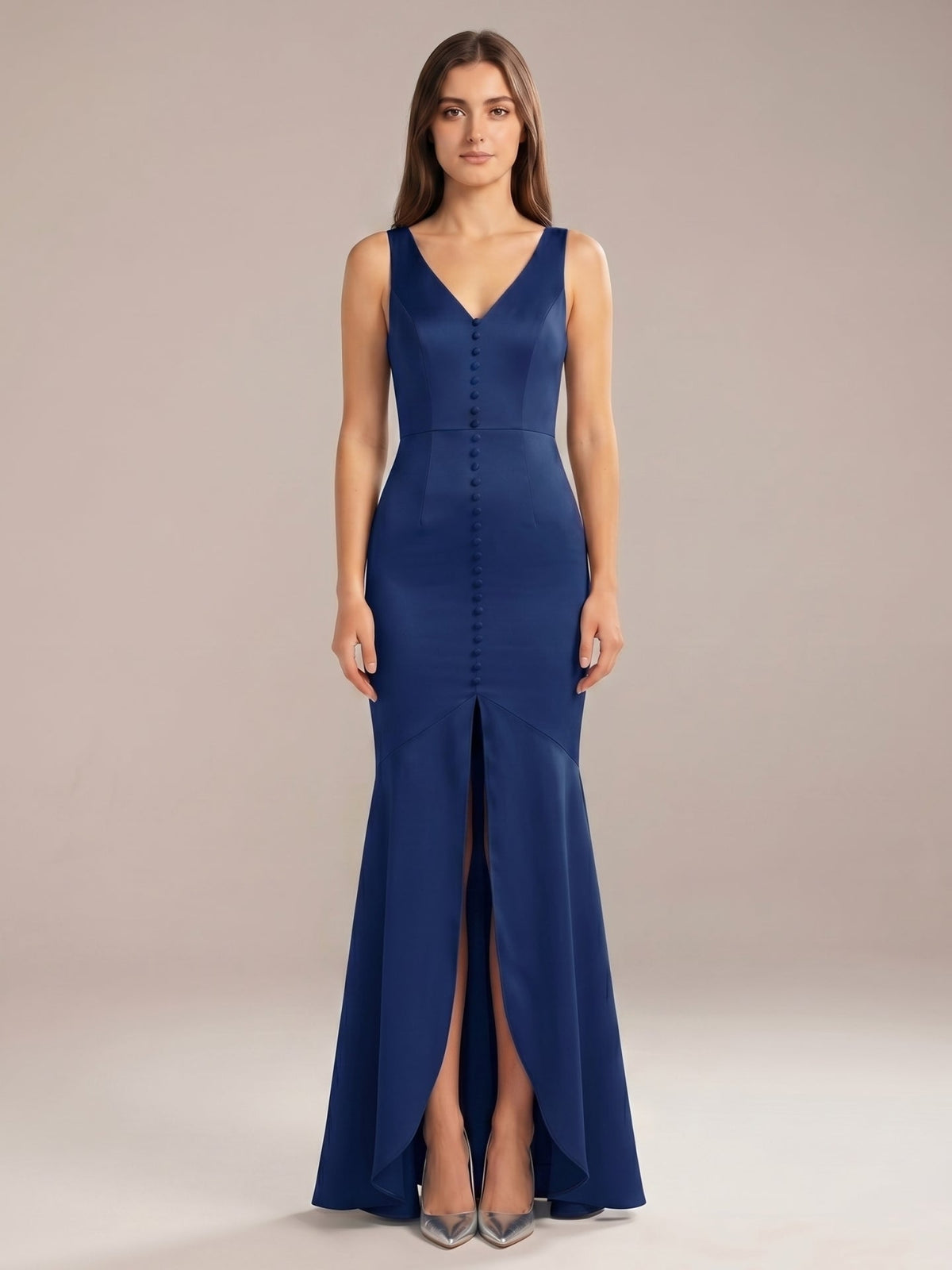 Navy Blue Matte Satin Mermaid V-Neck V-Back Floor-Length Bridesmaid Dress - Curvevia
