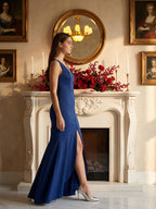 Navy Blue Matte Satin Mermaid V-Neck V-Back Floor-Length Bridesmaid Dress - Curvevia