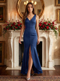Navy Blue Matte Satin Mermaid V-Neck V-Back Floor-Length Bridesmaid Dress - Curvevia