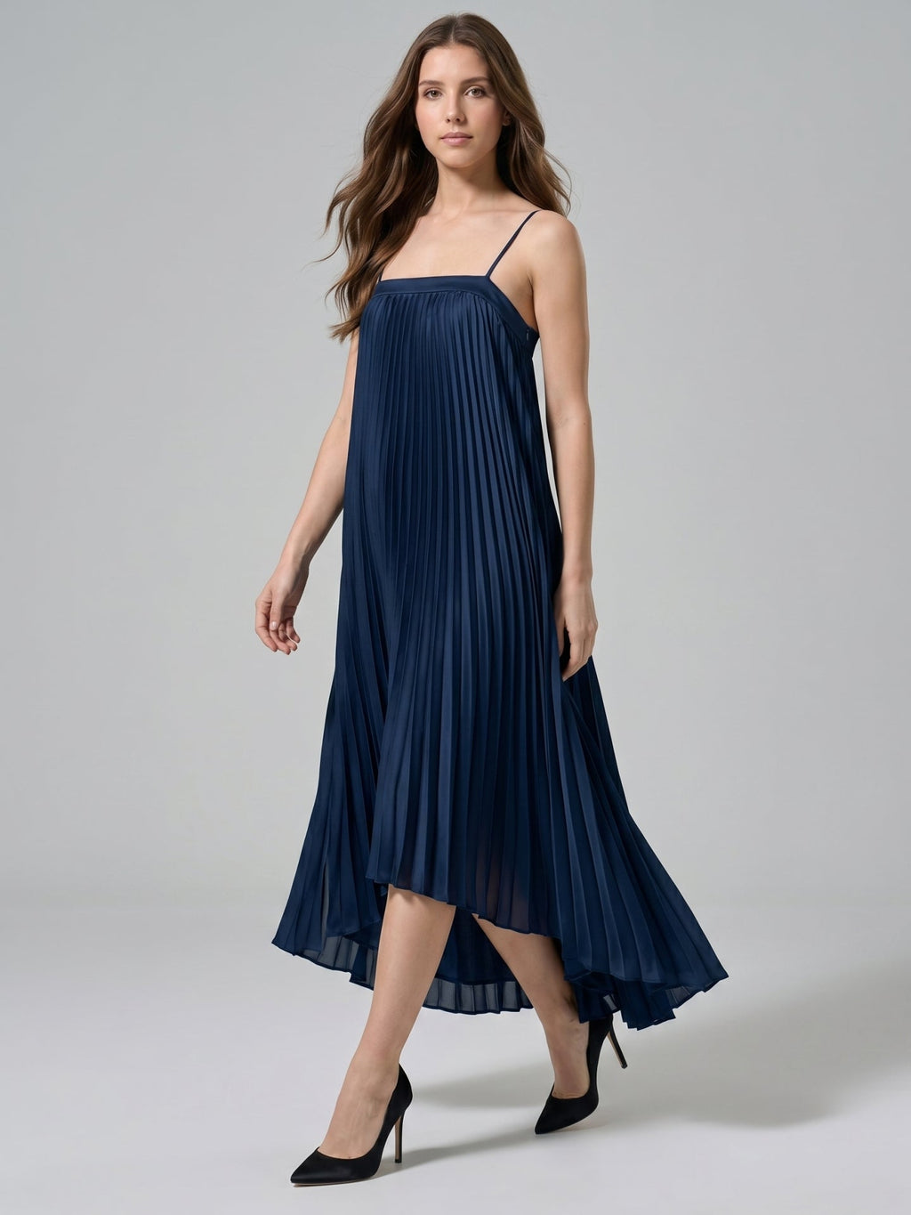 Navy Blue Tulle Sheath Straight Neck Back Zip Asymmetrical Bridesmaid Dress with Pleating - Curvevia