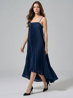 Navy Blue Tulle Sheath Straight Neck Back Zip Asymmetrical Bridesmaid Dress with Pleating - Curvevia