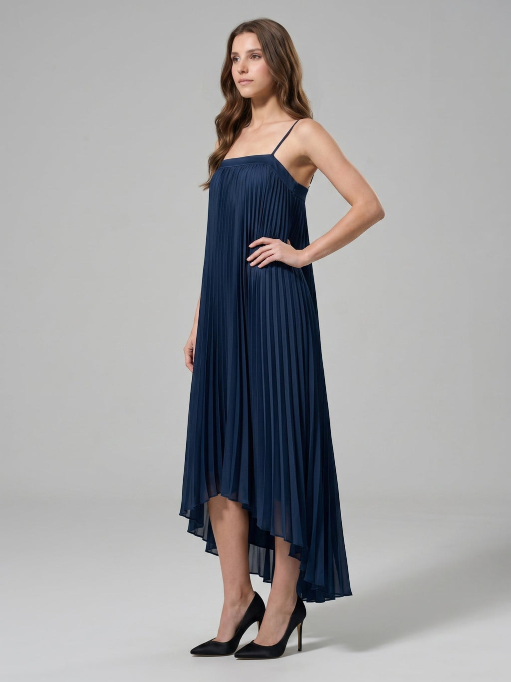 Navy Blue Tulle Sheath Straight Neck Back Zip Asymmetrical Bridesmaid Dress with Pleating - Curvevia