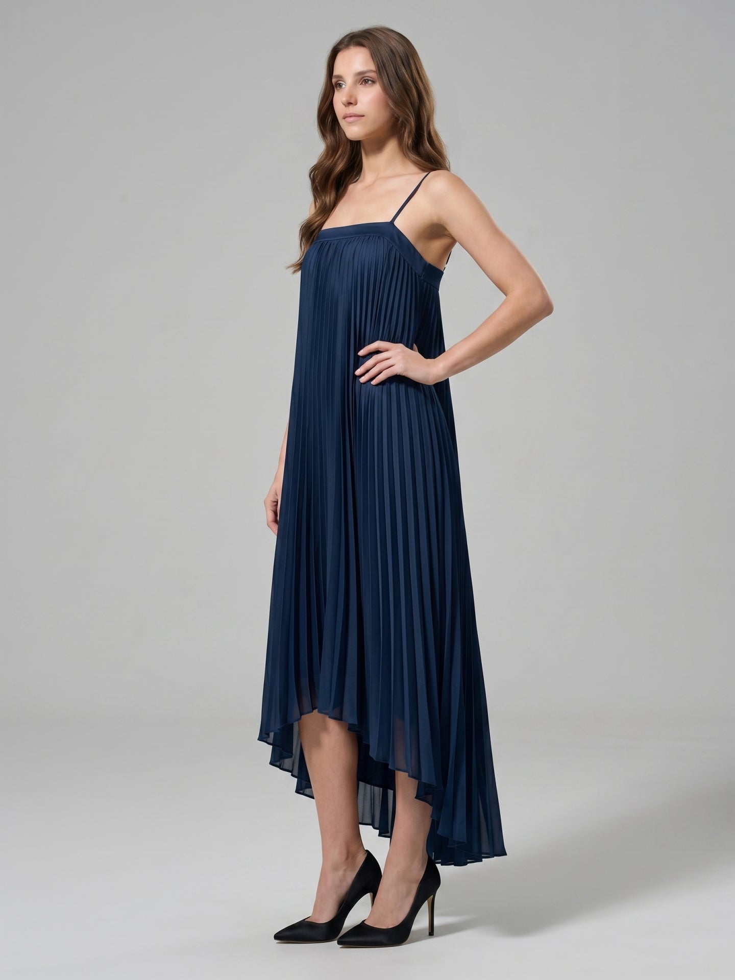 Navy Blue Tulle Sheath Straight Neck Back Zip Asymmetrical Bridesmaid Dress with Pleating - Curvevia