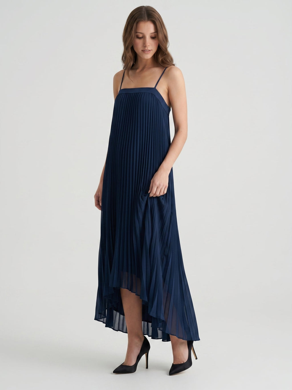 Navy Blue Tulle Sheath Straight Neck Back Zip Asymmetrical Bridesmaid Dress with Pleating - Curvevia