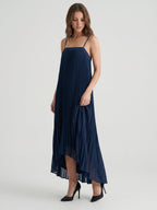 Navy Blue Tulle Sheath Straight Neck Back Zip Asymmetrical Bridesmaid Dress with Pleating - Curvevia