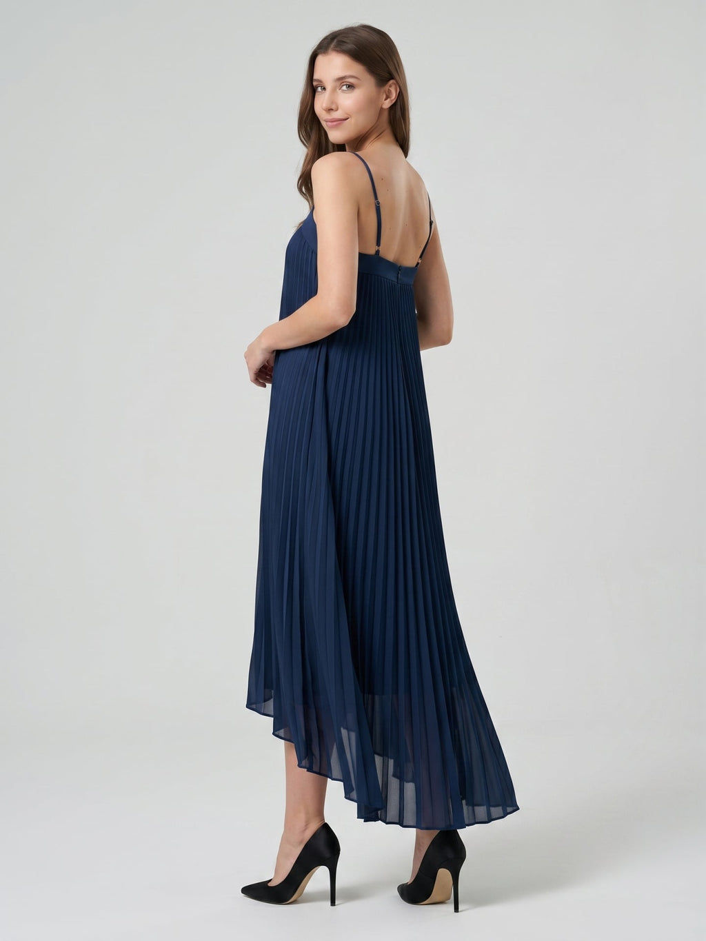 Navy Blue Tulle Sheath Straight Neck Back Zip Asymmetrical Bridesmaid Dress with Pleating - Curvevia