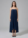 Navy Blue Tulle Sheath Straight Neck Back Zip Asymmetrical Bridesmaid Dress with Pleating - Curvevia