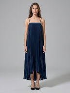 Navy Blue Tulle Sheath Straight Neck Back Zip Asymmetrical Bridesmaid Dress with Pleating - Curvevia