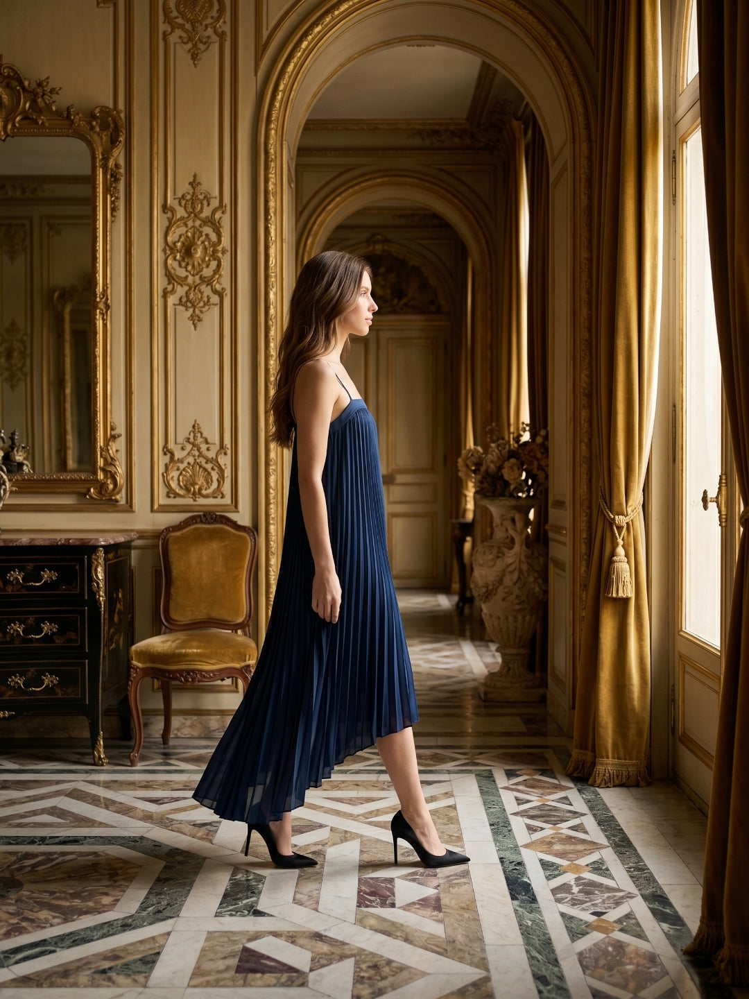 Navy Blue Tulle Sheath Straight Neck Back Zip Asymmetrical Bridesmaid Dress with Pleating - Curvevia