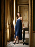 Navy Blue Tulle Sheath Straight Neck Back Zip Asymmetrical Bridesmaid Dress with Pleating - Curvevia