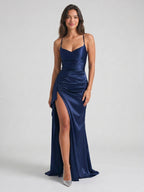 Navy Blue Matte Satin Sheath V-Neck Criss-Cross Straps Floor-Length Formal Dress with Pleating - Curvevia